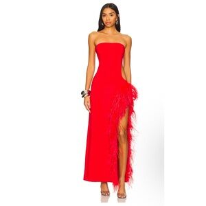 Vibrant Red Strapless Gown with High Slit and Ruffle Detail